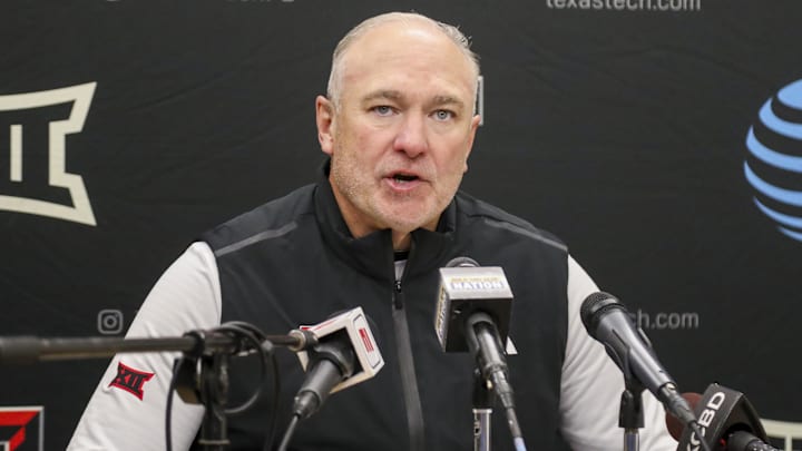 Nov 29, 2025; Morgantown, West Virginia, USA; Texas Tech Red Raiders head coach Joey McGuire speaks to the media after defeating the West Virginia Mountaineers at Milan Puskar Stadium. Mandatory Credit: Ben Queen-Imagn Images