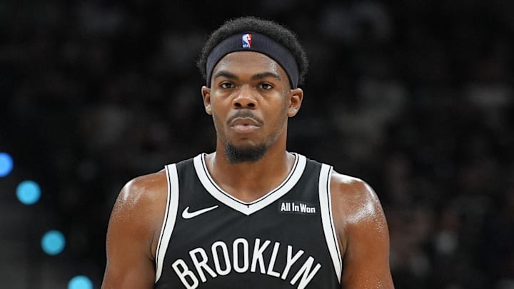 Oct 26, 2025; San Antonio, Texas, USA; Brooklyn Nets center Day'Ron Sharpe (20) walks up the court in the first half against the San Antonio Spurs at Frost Bank Center. Mandatory Credit: Daniel Dunn-Imagn Images
