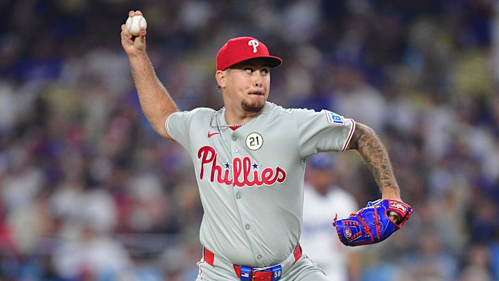 Sep 15, 2025; Los Angeles, California, USA; Philadelphia Phillies pitcher Orion Kerkering (50) throws against the Los Angeles Dodgers during the seventh inning at Dodger Stadium. Mandatory Credit: Gary A. Vasquez-Imagn Images Sep 15, 2025; Los Angeles, California, USA; Philadelphia Phillies pitcher Orion Kerkering (50) throws against the Los Angeles Dodgers during the seventh inning at Dodger Stadium. Mandatory Credit: Gary A. Vasquez-Imagn Images