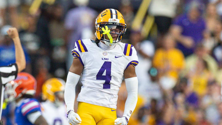 Sep 13, 2025; Baton Rouge, Louisiana, USA;  LSU Tigers cornerback Mansoor Delane (4) reacts to Florida Gators quarterback DJ Lagway (not pictured) making an incomplete pass during the first half at Tiger Stadium. Mandatory Credit: Stephen Lew-Imagn Images