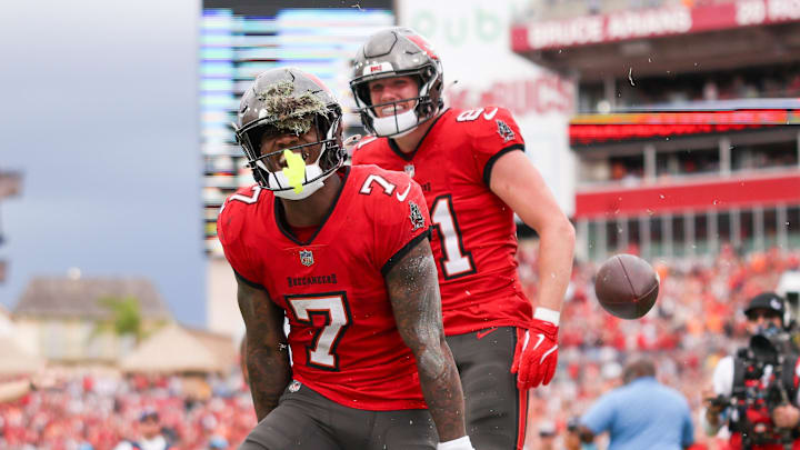 Tampa Bay Buccaneers running back Bucky Irving celebrates after scoring a touchdown against the Carolina Panthers.