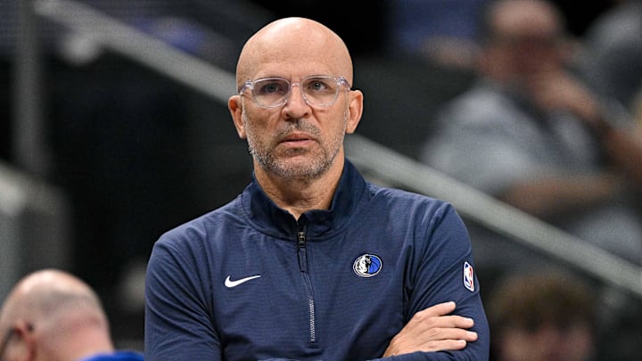 Mar 31, 2025; Dallas, Texas, USA; Dallas Mavericks head coach Jason Kidd looks on during the first quarter against the Brooklyn Nets at the American Airlines Center. Mandatory Credit: Jerome Miron-Imagn Images Mar 31, 2025; Dallas, Texas, USA; Dallas Mavericks head coach Jason Kidd looks on during the first quarter against the Brooklyn Nets at the American Airlines Center. Mandatory Credit: Jerome Miron-Imagn Images