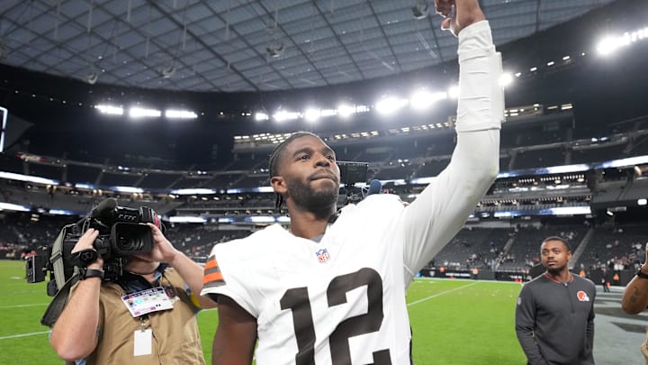 Nov 23, 2025; Paradise, Nevada, USA; Cleveland Browns quarterback Shedeur Sanders (12) reacts at the end of the game against the Las Vegas Raiders at Allegiant Stadium. Mandatory Credit: Kirby Lee-Imagn Images