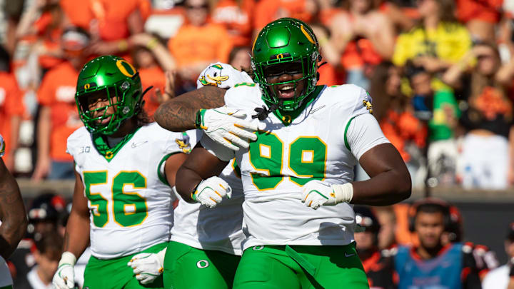 Oregon defensive lineman Terrance Green celebrates a stop as the Oregon State Beavers host the Oregon Ducks Saturday, Sept. 14, 2024 at Reser Stadium in Corvallis, Ore.