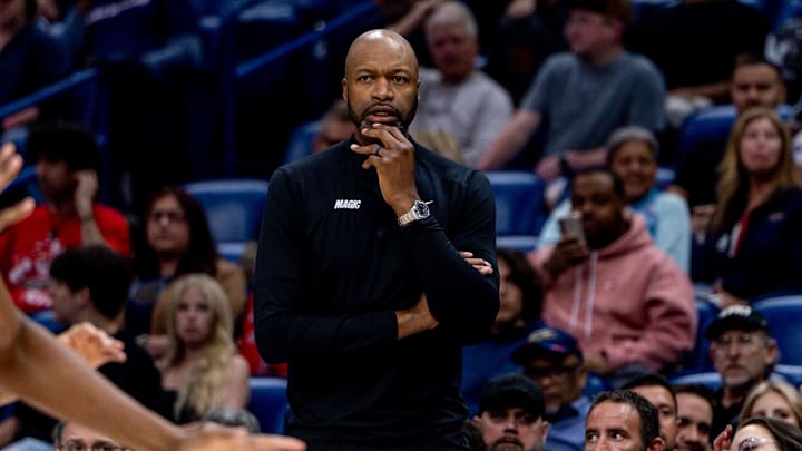 Orlando Magic head coach Jamahl Mosley looks on against the New Orleans Pelicans during the first half at Smoothie King Center. Orlando Magic head coach Jamahl Mosley looks on against the New Orleans Pelicans during the first half at Smoothie King Center.