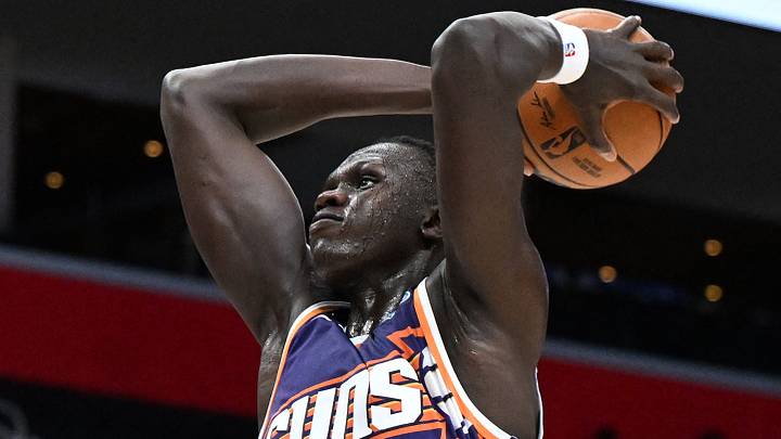 Oct 5, 2026; Detroit, Michigan, USA;  Phoenix Suns center Khaman Maluach (10) dunks the ball against the Detroit Pistons in the third quarter at Little Caesars Arena.  Mandatory Credit: Lon Horwedel-Imagn Images