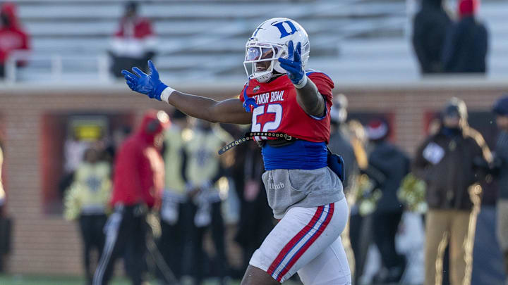 Jan 31, 2026; Mobile, AL, USA; National defensive end Vincent Anthony Jr (52) of Duke celebrates his second fumble recovery of the day during the second half of the 2026 Senior Bowl at University of South Alabama, Hancock Whitney Stadium. Mandatory Credit: Vasha Hunt-Imagn Images Jan 31, 2026; Mobile, AL, USA; National defensive end Vincent Anthony Jr (52) of Duke celebrates his second fumble recovery of the day during the second half of the 2026 Senior Bowl at University of South Alabama, Hancock Whitney Stadium. Mandatory Credit: Vasha Hunt-Imagn Images