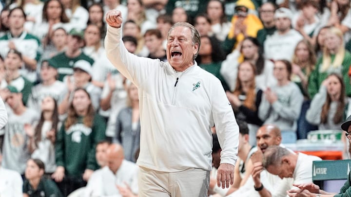 Michigan State head coach Tom Izzo reacts to a play against Bowling Green during the first half at Breslin Center in East Lansing on Saturday, Nov. 16, 2024.