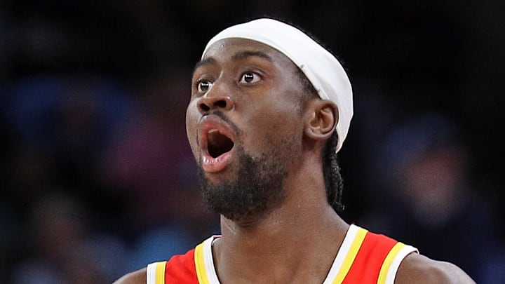 Caris LeVert #3 of the Atlanta Hawks reacts against the Memphis Grizzlies.