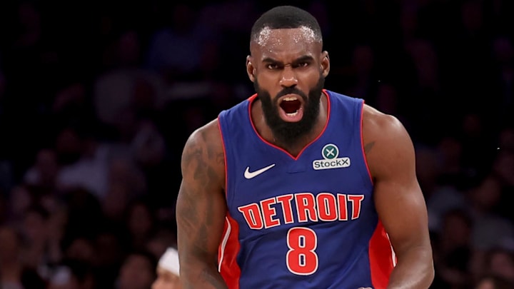 Former Detroit Pistons forward Tim Hardaway Jr. (8) celebrates his three-point shot against the New York Knicks during the second quarter at Madison Square Garden.