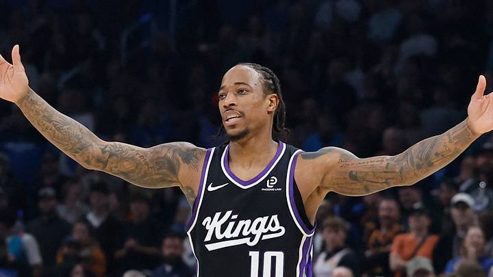 Oct 28, 2025; Oklahoma City, Oklahoma, USA; Sacramento Kings guard DeMar DeRozan (10) reacts after scoring against the Oklahoma City Thunder during the second quarter at Paycom Center. Mandatory Credit: Alonzo Adams-Imagn Images Oct 28, 2025; Oklahoma City, Oklahoma, USA; Sacramento Kings guard DeMar DeRozan (10) reacts after scoring against the Oklahoma City Thunder during the second quarter at Paycom Center. Mandatory Credit: Alonzo Adams-Imagn Images