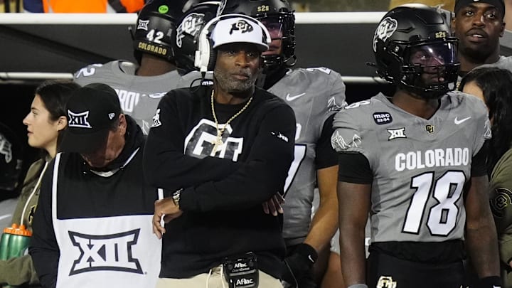 Nov 1, 2025; Boulder, Colorado, USA; Colorado Buffaloes head coach Deion Sanders on the sidelines in the second quarter against the Arizona Wildcats at Folsom Field. Mandatory Credit: Ron Chenoy-Imagn Images