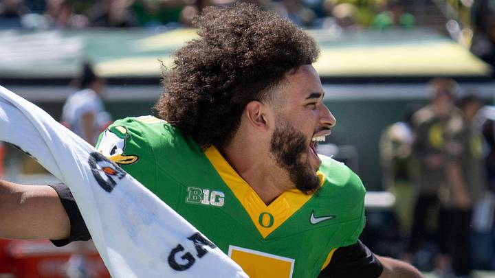 Oregon’s Dante Moore celebrates during the first half of he Oregon Spring Game at Autzen Stadium in Eugene April 25, 2026 Oregon’s Dante Moore celebrates during the first half of he Oregon Spring Game at Autzen Stadium in Eugene April 25, 2026