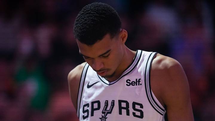 Nov 2, 2023; Phoenix, Arizona, USA; San Antonio Spurs center Victor Wembanyama (1) reacts prior to the game against the Phoenix Suns at Footprint Center. Mandatory Credit: Mark J. Rebilas-USA TODAY Sports