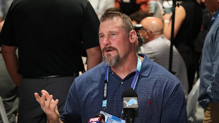 Detroit Lions head coach Dan Campbell answers questions from the media during the NFL Annual League Meeting