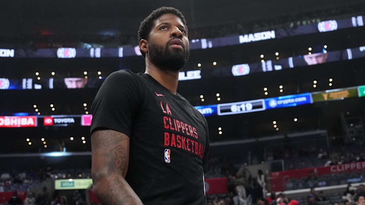 Mar 17, 2024; Los Angeles, California, USA; LA Clippers forward Paul George enters the court during the game against the Atlanta Hawks at Crypto.com Arena. Mandatory Credit: Kirby Lee-Imagn Images