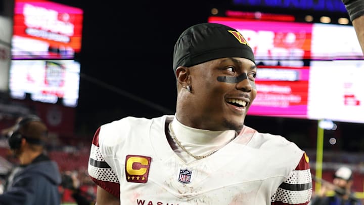 Washington Commanders wide receiver Terry McLaurin celebrates after winning a NFC wild card playoff.