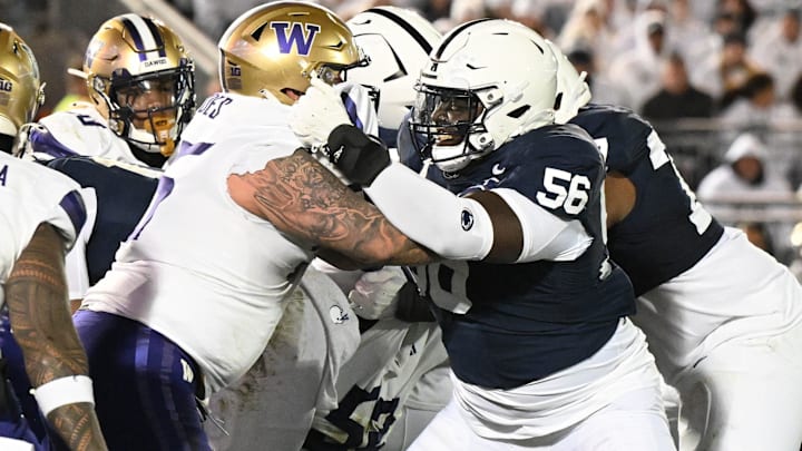 JB Nelson (56), former Penn State offensive lineman that transfered to Kansas State blocks a Washington defensive lineman in Penn State's Big 10 match up against the Washington Huskies on Saturday, Nov. 9, 2024 in University Park, Pa. at Beaver Stadium. Mandatory Credit: Steve Manuel | Blue White Illustrated JB Nelson (56), former Penn State offensive lineman that transfered to Kansas State blocks a Washington defensive lineman in Penn State's Big 10 match up against the Washington Huskies on Saturday, Nov. 9, 2024 in University Park, Pa. at Beaver Stadium. Mandatory Credit: Steve Manuel | Blue White Illustrated
