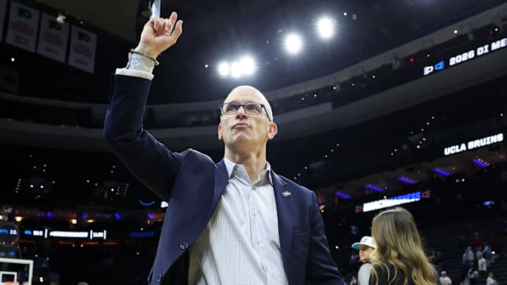 Mar 22, 2026; Philadelphia, PA, USA; UConn Huskies head coach Dan Hurley reacts after defeating the UCLA Bruins in  a second round game of the men's 2026 NCAA Tournament at Xfinity Mobile Arena. Mandatory Credit: Bill Streicher-Imagn Images