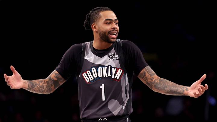 Feb 12, 2025; Brooklyn, New York, USA; Brooklyn Nets guard D'Angelo Russell (1) reacts during the fourth quarter against the Philadelphia 76ers at Barclays Center. Mandatory Credit: Brad Penner-Imagn Images