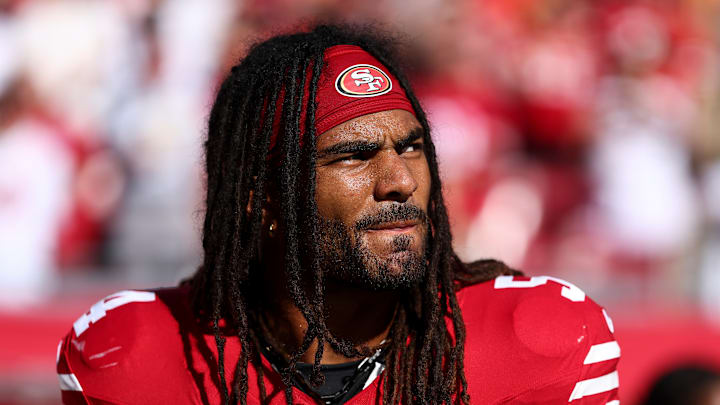 Fred Warner of the San Francisco 49ers on the sidelines Fred Warner of the San Francisco 49ers on the sidelines