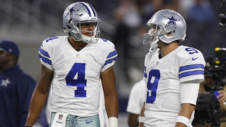Aug 19, 2016; Arlington, TX, USA; Dallas Cowboys quarterback Dak Prescott (4) and quarterback Tony Romo (9) talk during the pregame warmups against the Miami Dolphins at AT&T Stadium. Mandatory Credit: Tim Heitman-Imagn Images Aug 19, 2016; Arlington, TX, USA; Dallas Cowboys quarterback Dak Prescott (4) and quarterback Tony Romo (9) talk during the pregame warmups against the Miami Dolphins at AT&T Stadium. Mandatory Credit: Tim Heitman-Imagn Images