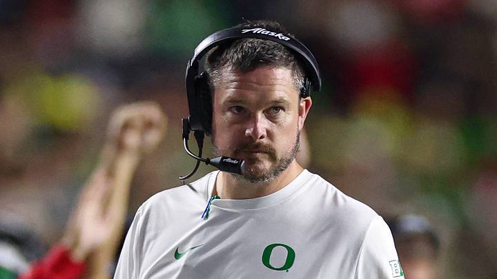 Oct 18, 2025; Piscataway, New Jersey, USA;  Oregon Ducks head coach Dan Lanning looks on during the first half against the Rutgers Scarlet Knights at SHI Stadium. 