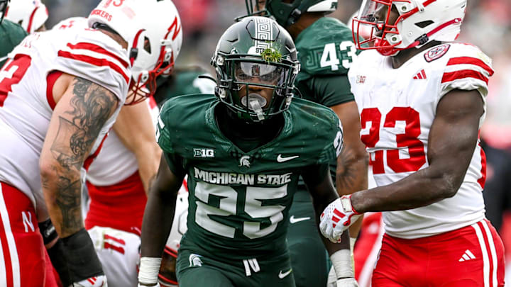 Michigan State's Chance Rucker celebrates after a defensive stop against Nebraska during the third quarter on Saturday, Nov. 4, 2023, at Spartan Stadium in East Lansing. Michigan State's Chance Rucker celebrates after a defensive stop against Nebraska during the third quarter on Saturday, Nov. 4, 2023, at Spartan Stadium in East Lansing.