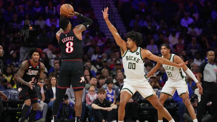 Apr 12, 2026; Philadelphia, Pennsylvania, USA; Philadelphia 76ers forward Paul George (8) shoots the ball against Milwaukee Bucks center Jericho Sims (00) in the first quarter at Xfinity Mobile Arena. Mandatory Credit: Kyle Ross-Imagn Images