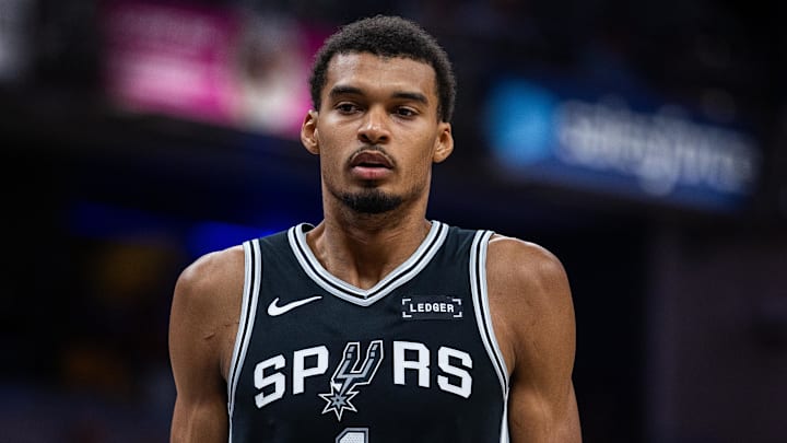 Oct 13, 2025; Indianapolis, Indiana, USA; San Antonio Spurs forward/center Victor Wembanyama (1) in the first half against the Indiana Pacers at Gainbridge Fieldhouse.