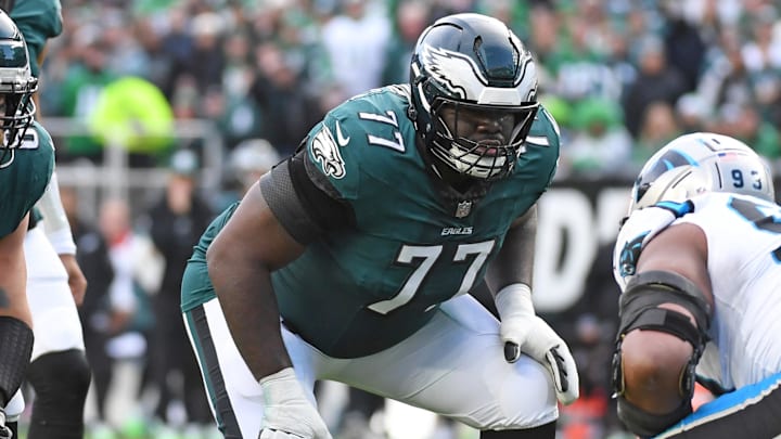 Dec 8, 2024; Philadelphia, Pennsylvania, USA; Philadelphia Eagles offensive tackle Mekhi Becton (77) against the Carolina Panthers at Lincoln Financial Field. Mandatory 