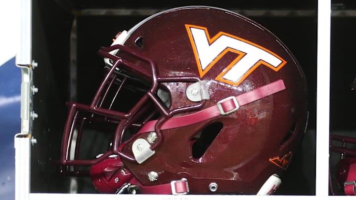 Nov 21, 2020; Pittsburgh, Penn.;  A helmet inside the Virginia Tech equipment trunk on the sidelines against Pitt.