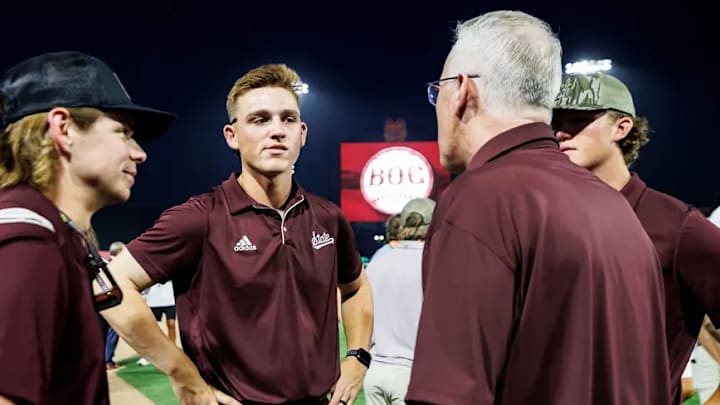 Mississippi State outfielder Bryce Chance, infielder Sawyer Reeves, infielder Gehrig Frei and Mississippi State coach Brian O'Connor during O’Connor's Welcome Event at Dudy Noble Field at Polk-Dement Stadium in Starkville, Miss.