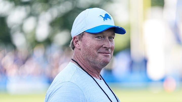 Jon Gruden watches practice during training camp at Meijer Performance Center in Allen Park on Monday, July 28, 2025.