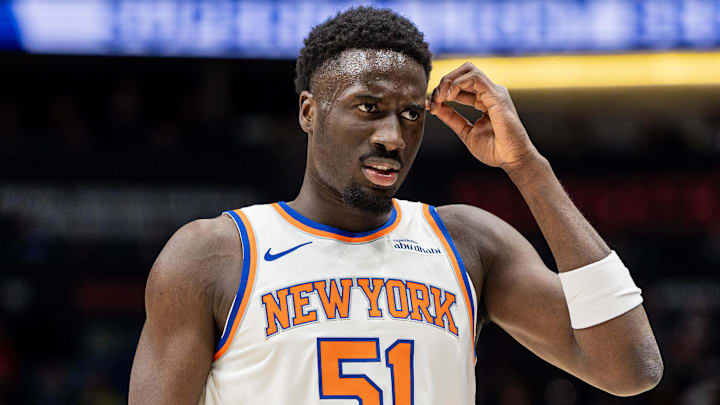 Dec 29, 2025; New Orleans, Louisiana, USA;  New York Knicks forward Mohamed Diawara (51) looks on against the New Orleans Pelicans during the first half at Smoothie King Center. Mandatory Credit: Stephen Lew-Imagn Images