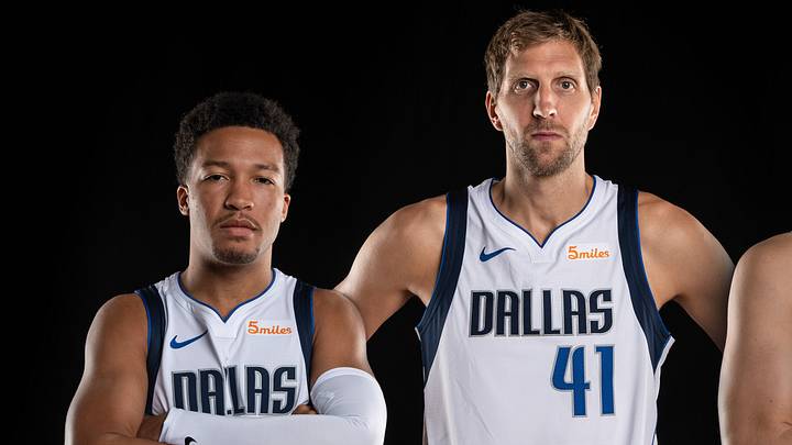 Sep 21, 2018; Dallas, TX, USA; (Editors note: composite stitched image) Dallas Mavericks guard Jalen Brunson (13) and forward Dirk Nowitzki (41) and guard Luka Doncic (77) pose for a photo during the Dallas Mavericks media day at American Airlines Center. Mandatory Credit: Jerome Miron-USA TODAY Sports Sep 21, 2018; Dallas, TX, USA; (Editors note: composite stitched image) Dallas Mavericks guard Jalen Brunson (13) and forward Dirk Nowitzki (41) and guard Luka Doncic (77) pose for a photo during the Dallas Mavericks media day at American Airlines Center. Mandatory Credit: Jerome Miron-USA TODAY Sports