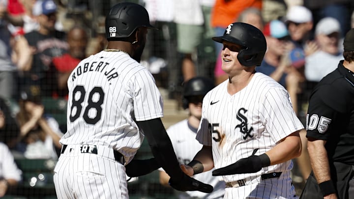 Chicago White Sox outfielder Luis Robert Jr. (88) and first baseman Andrew Vaughn (25) celebrate against the Los Angeles Angels at Rate Field. Chicago White Sox outfielder Luis Robert Jr. (88) and first baseman Andrew Vaughn (25) celebrate against the Los Angeles Angels at Rate Field.