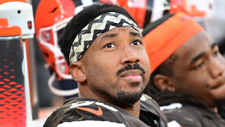 Nov 3, 2024; Cleveland, Ohio, USA; Cleveland Browns defensive end Myles Garrett (95) sits on the sidelines during the second half against the Los Angeles Chargers at Huntington Bank Field. Mandatory Credit: Ken Blaze-Imagn Images