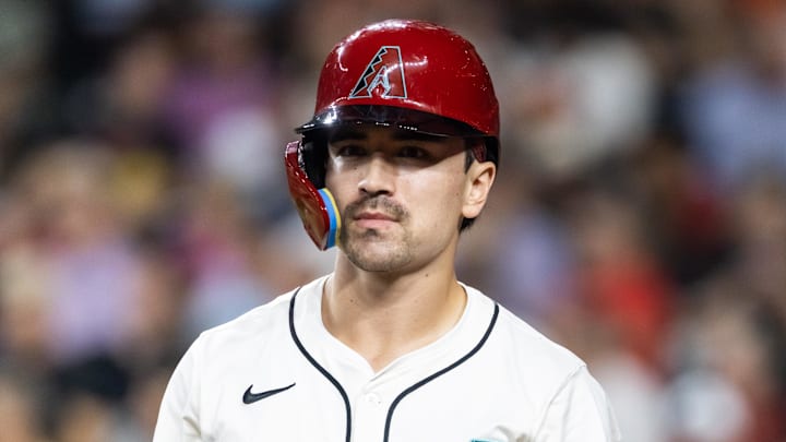 Sep 16, 2025; Phoenix, Arizona, USA; Arizona Diamondbacks outfielder Corbin Carroll against the San Francisco Giants at Chase Field. Mandatory Credit: Mark J. Rebilas-Imagn Images