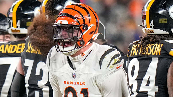 Cincinnati Bengals defensive end Trey Hendrickson (91) celebrates a stop in the fourth quarter of the NFL Week 18 game between the Pittsburgh Steelers and the Cincinnati Bengals at Acrisure Stadium in Pittsburgh on Saturday, Jan. 4, 2025. The Bengals won 19-17 to finish the regular season at 9-8.