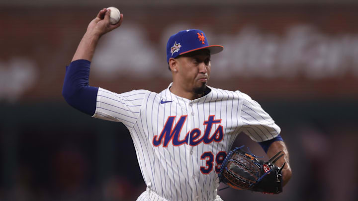Jul 15, 2025; Cumberland, Georgia, USA; National League pitcher Edwin Diaz (39) of the New York Mets pitches in the ninth inning during the 2025 MLB All Star Game at Truist Park. Mandatory Credit: Brett Davis-Imagn Images