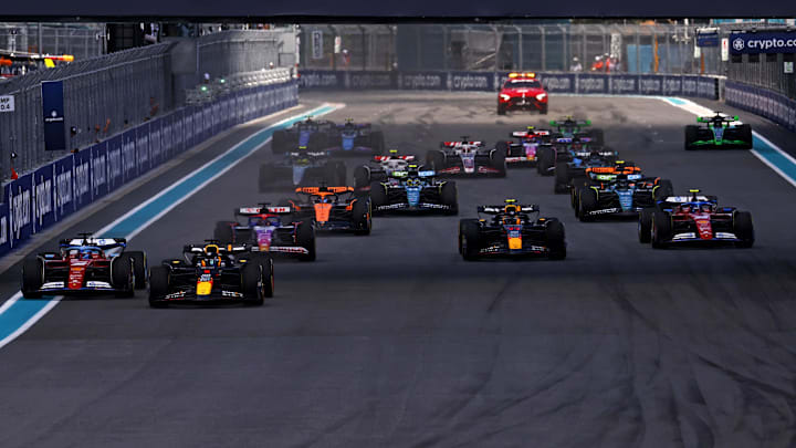 May 4, 2024; Miami Gardens, Florida, USA; Red Bull Racing driver Max Verstappen (1) leads the start of the F1 Sprint Race at Miami International Autodrome. Mandatory Credit: Peter Casey-Imagn Images May 4, 2024; Miami Gardens, Florida, USA; Red Bull Racing driver Max Verstappen (1) leads the start of the F1 Sprint Race at Miami International Autodrome. Mandatory Credit: Peter Casey-Imagn Images
