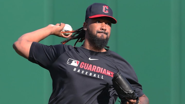 Apr 18, 2025; Pittsburgh, Pennsylvania, USA; Cleveland Guardians relief pitcher Emmanuel Clase (48) throws in the outfield before the game against the Pittsburgh Pirates at PNC Park. Mandatory Credit: Charles LeClaire-Imagn Images Apr 18, 2025; Pittsburgh, Pennsylvania, USA; Cleveland Guardians relief pitcher Emmanuel Clase (48) throws in the outfield before the game against the Pittsburgh Pirates at PNC Park. Mandatory Credit: Charles LeClaire-Imagn Images