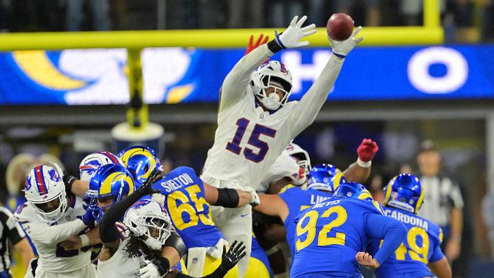 Oct 12, 2026; Inglewood, California, USA; Buffalo Bills linebacker Greg Rousseau (15) blocks a field goal from Los Angeles Rams place kicker Harrison Mevis (92) during overtime at SoFi Stadium. Mandatory Credit: Jayne Kamin-Oncea-Imagn Images Oct 12, 2026; Inglewood, California, USA; Buffalo Bills linebacker Greg Rousseau (15) blocks a field goal from Los Angeles Rams place kicker Harrison Mevis (92) during overtime at SoFi Stadium. Mandatory Credit: Jayne Kamin-Oncea-Imagn Images