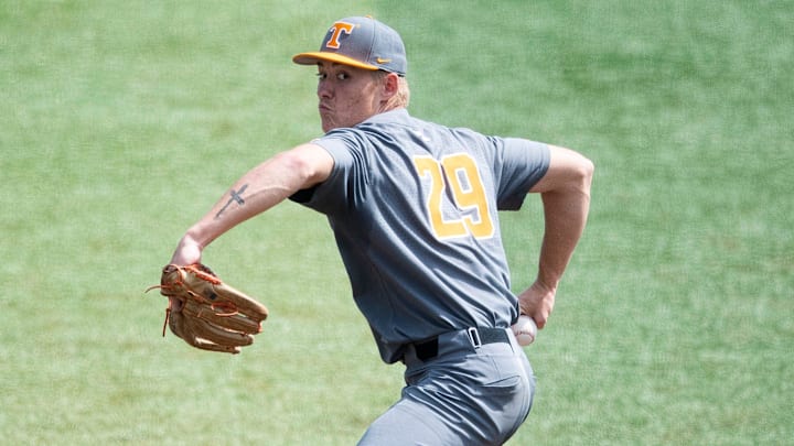 Tennessee pitcher Blake Tidwell throws a baseball