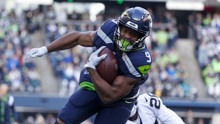 Nov 27, 2022; Seattle, Washington, USA; Seattle Seahawks running back Kenneth Walker III (9) rushes for a touchdown against the Las Vegas Raiders during the first quarter at Lumen Field. Mandatory Credit: Joe Nicholson-Imagn Images