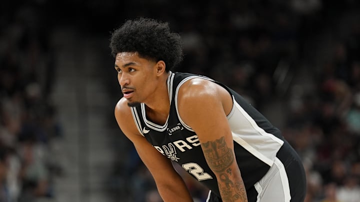 Mar 21, 2026; San Antonio, Texas, USA;  San Antonio Spurs guard Dylan Harper (2). Mandatory Credit: Daniel Dunn-Imagn Images