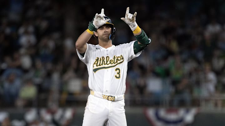 Apr 3, 2026; West Sacramento, California, USA; Athletics third baseman Max Muncy (3) celebrates his RBI double against the Houston Astros during the third inning at Sutter Health Park. Mandatory Credit: D. Ross Cameron-Imagn Images Apr 3, 2026; West Sacramento, California, USA; Athletics third baseman Max Muncy (3) celebrates his RBI double against the Houston Astros during the third inning at Sutter Health Park. Mandatory Credit: D. Ross Cameron-Imagn Images