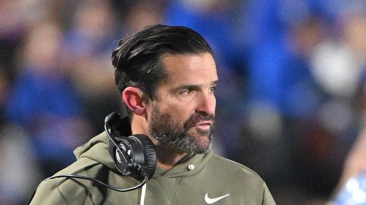 Nov 15, 2025; Durham, North Carolina, USA;  Duke Blue Devils head coach Manny Diaz reacts during the third quarter against the Virginia Cavaliers at Wallace Wade Stadium. Mandatory Credit: Zachary Taft-Imagn Images