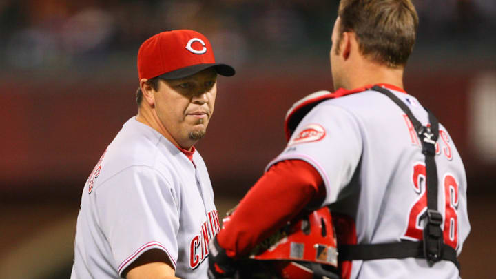 Sept 20, 2007; San Francisco, CA, USA; Cincinnati Reds pitcher David Weathers (left) receives a handshake from catcher David Ross (26) after defeating the San Francisco Giants 4-2 at AT&T Park in San Francisco, CA. Mandatory Credit: Kyle Terada-Imagn Images
